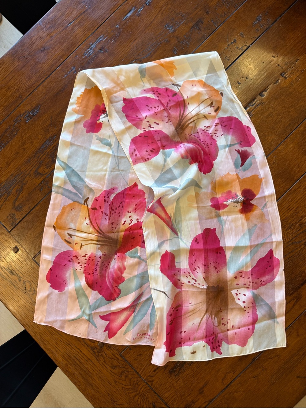 Vintage Lauren Ralph Lauren 100% Silk Floral Scarf Pink Watercolor Wrap
